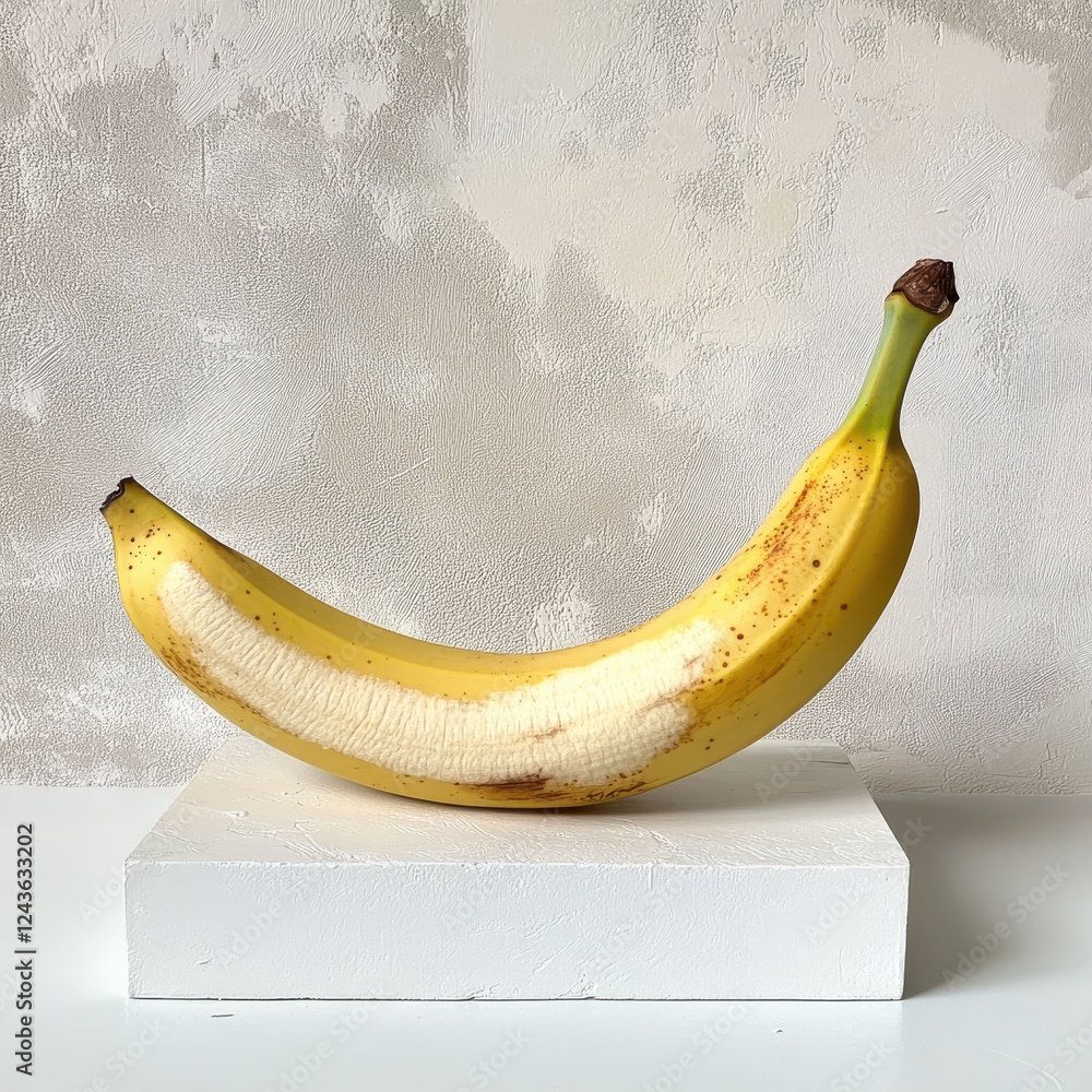 Poster Ripe banana rests on a white display against a textured neutral background in soft lighting