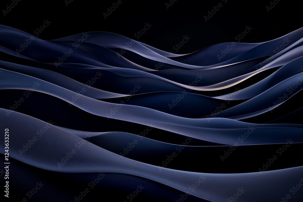 Poster blue wave-like patterns are layered and intertwined, showcasing subtle gradients and highlights, evo
