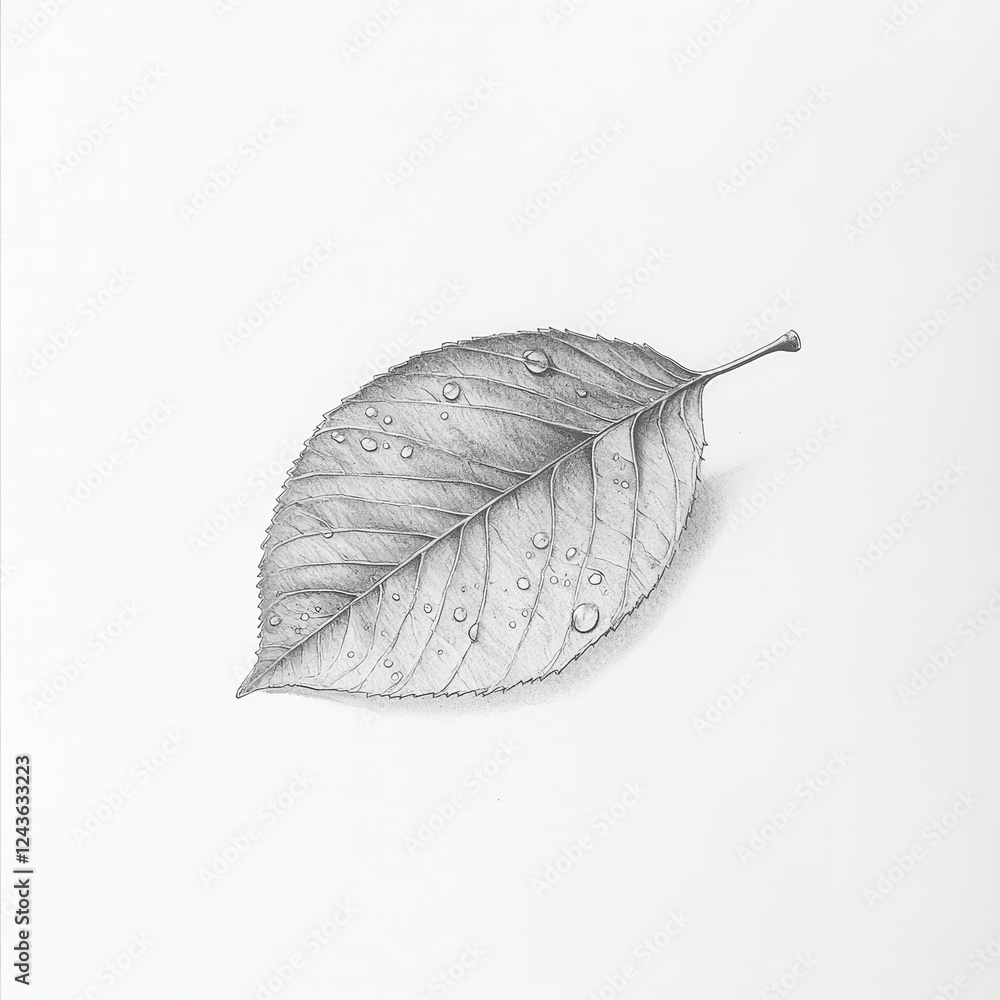 Poster pencil drawing of a single leaf adorned with dewdrops showcasing fine details and textures