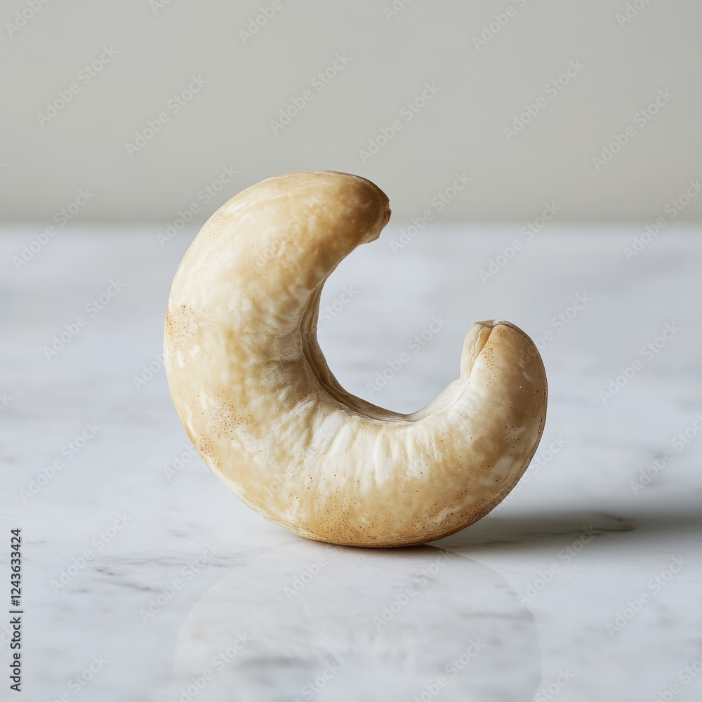 Poster Cashew nut showcasing smooth texture and unique shape on a marble surface in a bright setting