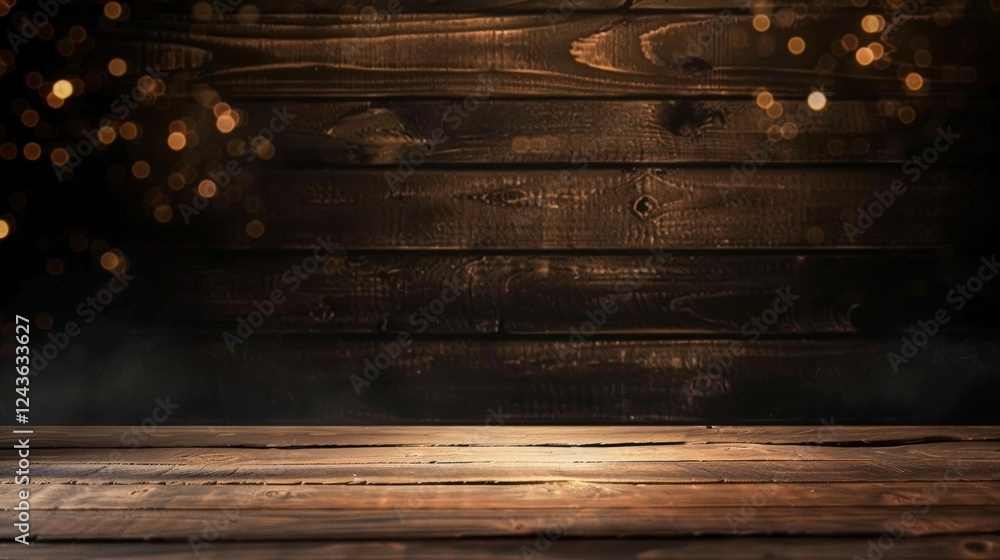 Poster elegant wooden table surface with warm lighting and bokeh effect for creative background and photogr