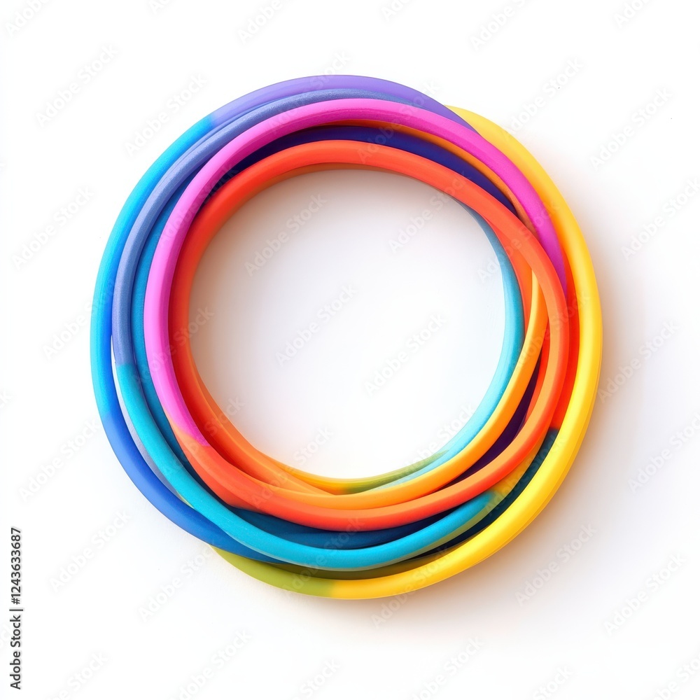 Aufkleber colorful rubber bands arranged in a circular pattern on a white surface for vibrant organization and