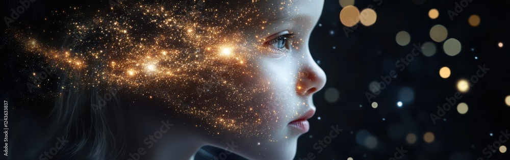 Poster serene visualization capturing a child's face filled with celestial elements and sparkling lights in