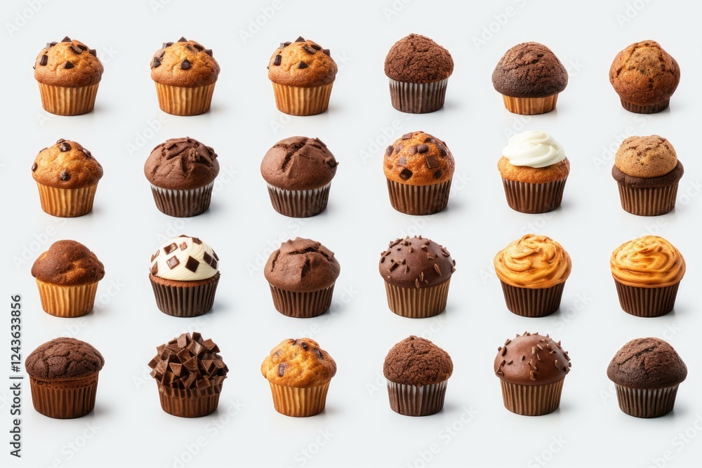Poster many delicious chocolate and vanilla muffins of different types creating a pattern on white backgrou