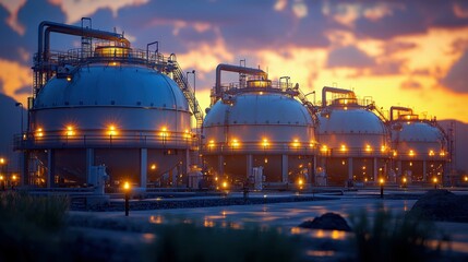 Fototapeta premium The tank in the industrial setting is illuminated by the sunset light, with the sky turning a brilliant orange and purple. The scene captures the beauty of industry against natureâ€™s colors.