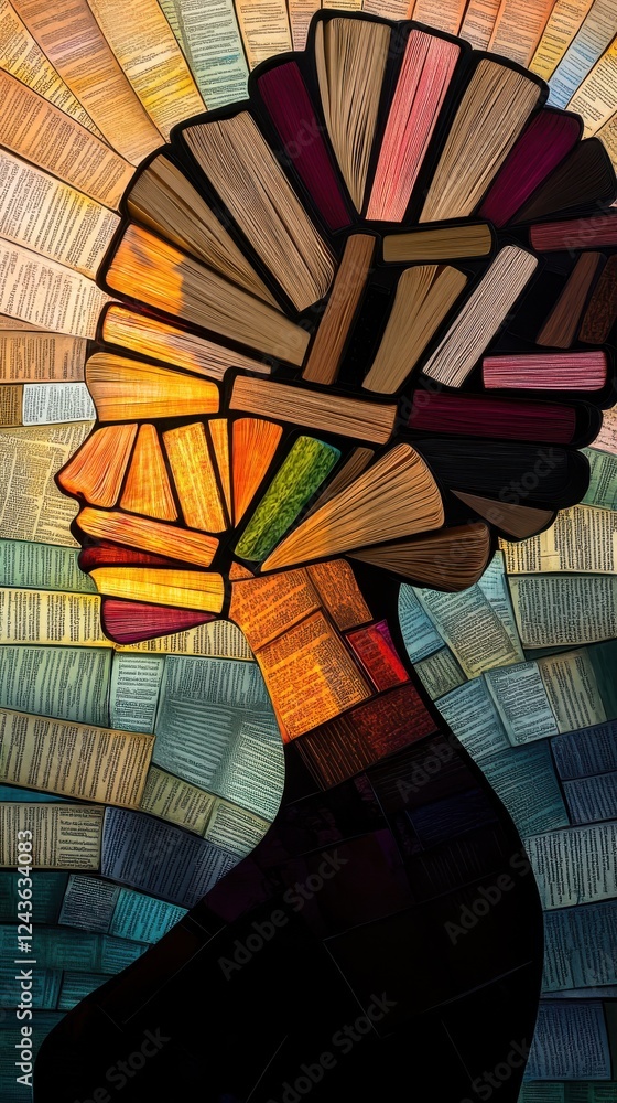 Poster serene portrait of a woman glowing with a creative display of books in various colors and textures