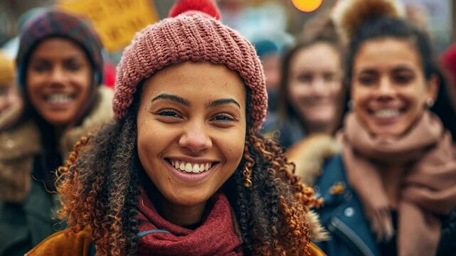 Demonstrators gather for feminism advocacy during a vibrant protest event in a city setting with strong community spirit