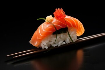 Salmon nigiri with red caviar and spices, resting on chopsticks, embodies the art of japanese cuisine