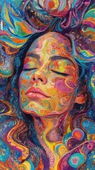 Serene portrait of a woman radiating with vibrant colors and intricate patterns in a peaceful setting