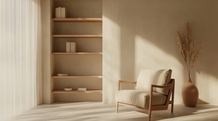 Fototapeta premium Serene living room with neutral tones emphasizing harmony and tranquility in a modern space