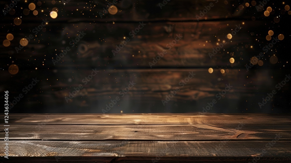 Poster elegant wooden table background with soft bokeh lights and warm ambient glow for stylish presentatio