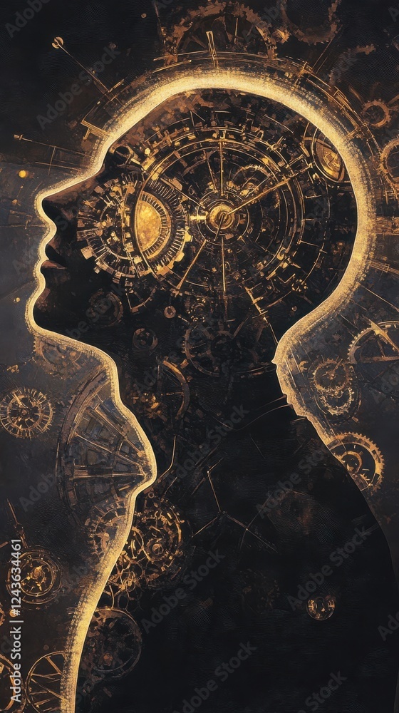 Leinwandbilder Portrait of a man with a glowing profile showcasing intricate clockwork design elements in a dark background