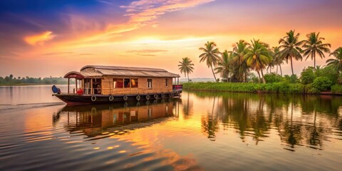Houseboat floating on serene backwaters of Alappuzha at sunset, scenic, serene,  scenic, serene, landscape, India, alappuzha