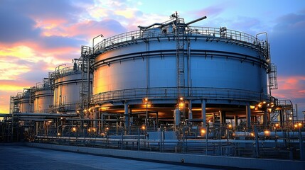 Obraz premium The industrial tank shines in the warm light of sunset, with the sky turning shades of orange and purple. The industrial area stands in the glow, adding beauty to the machine-filled landscape.