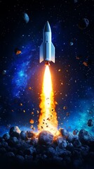Rocket Launching Through Asteroid Field - A powerful rocket blasts off, leaving a fiery trail as it ascends through a field of asteroids.  The image evokes a sense of adventure and exploration.