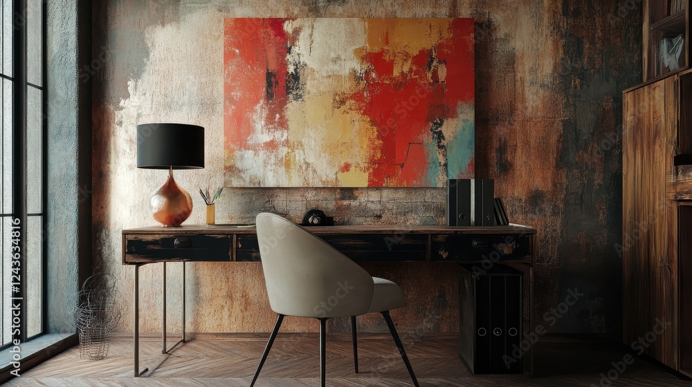 Aufkleber rustic workspace with vintage desk illuminated by natural light and adorned with artistic decor