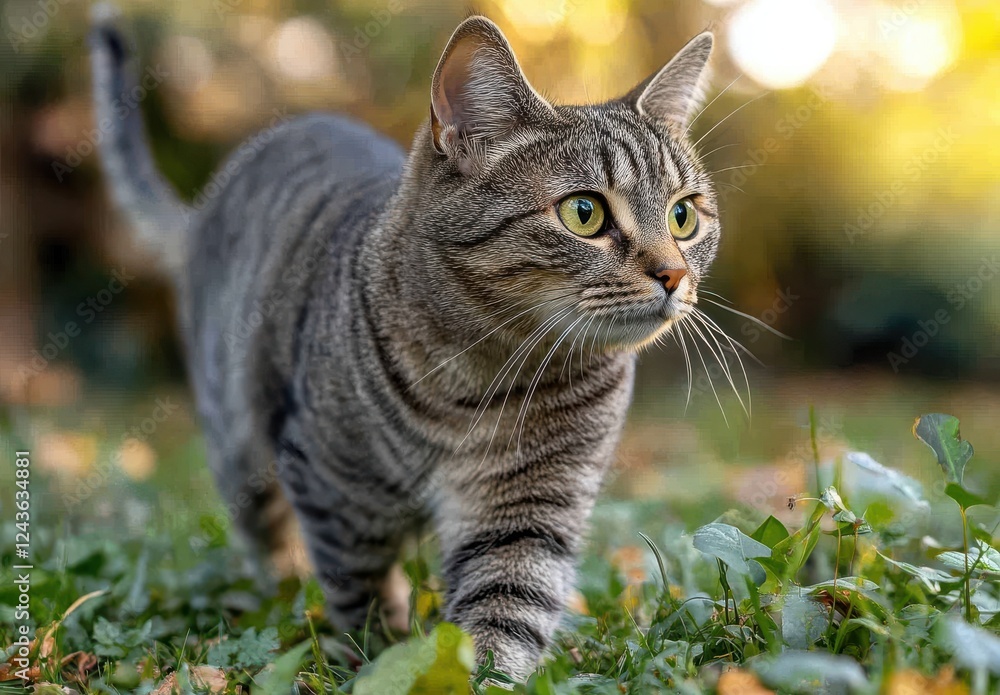 Poster focused tabby cat walking on grass in a natural setting with blurred background and soft warm lighti