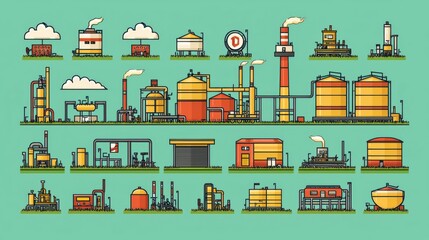Editable stroke pixel-perfect line icons for oil and gas refinery, featuring icons of tanks, pipelines, refining equipment, pumps, and storage units for industrial illustrations.