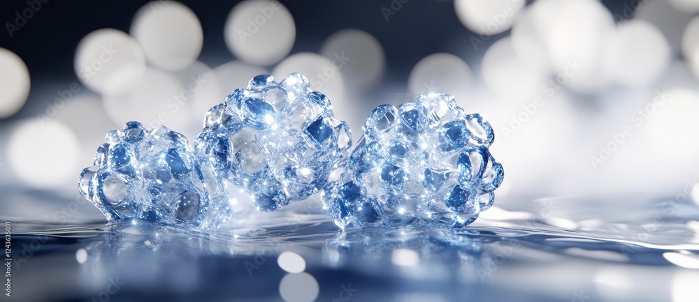 Poster three ice chunks on a reflective surface, illuminated by soft bokeh lights. cool blue tones and a tr