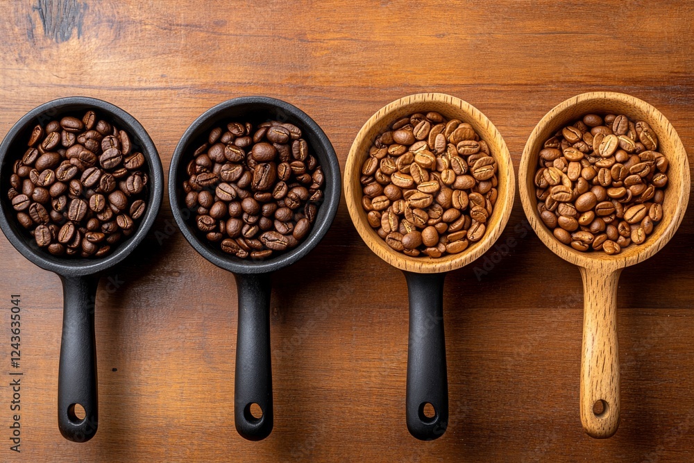 Poster Coffee beans ranging from light to dark roast are meticulously arranged on a wooden surface, emphasizing their unique colors and textures with space for text