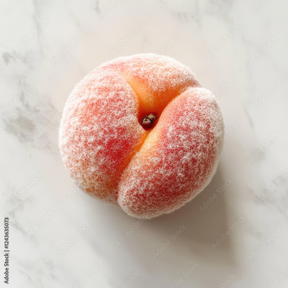 Poster Ripe peach with soft fuzzy texture resting on a smooth surface in bright natural light