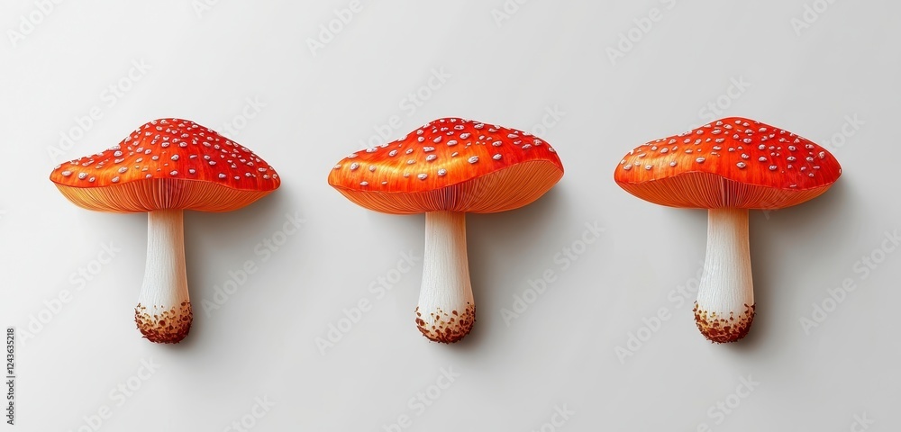 Poster three red and white toadstools with white stems and red caps covered in white dots are arranged in a