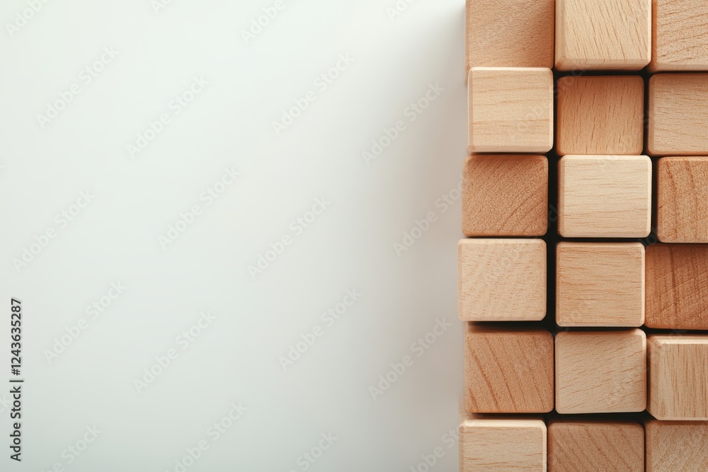 Fototapete Smooth wooden blocks are organized in a row on a plain white surface, illuminated by soft lighting that highlights their minimalist design and texture
