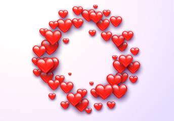 Valentine's Day greeting card with red hearts flying scattered over background. Symbol of love and spring, sprayed