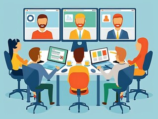 Hybrid Meeting in Progress: A team collaborates effectively in a hybrid meeting, with some participants joining remotely via video conferencing and others present in person.