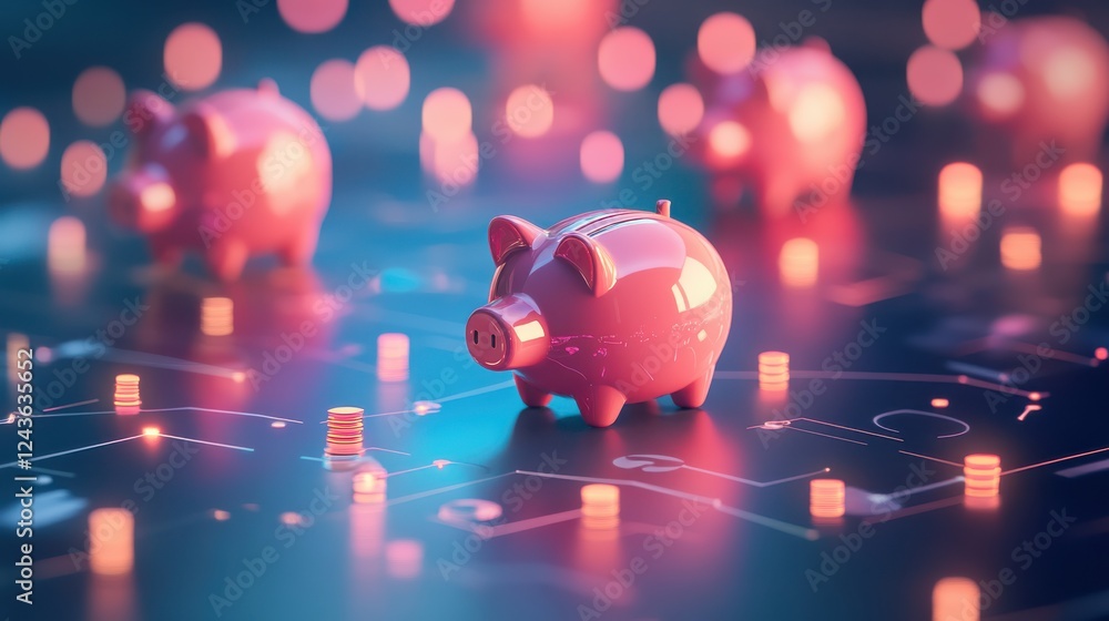 Aufkleber creative presentation of personal finance concepts featuring piggy banks on a digital backdrop
