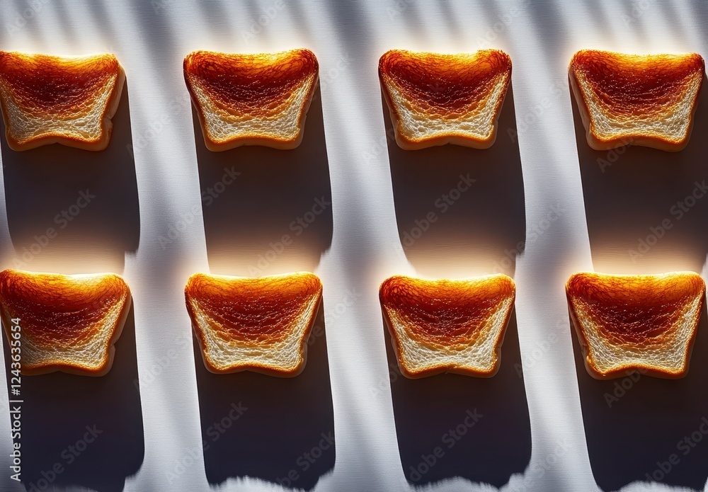 Poster overhead view of toasted bread slices arranged in rows on a light gray surface, illuminated by stron
