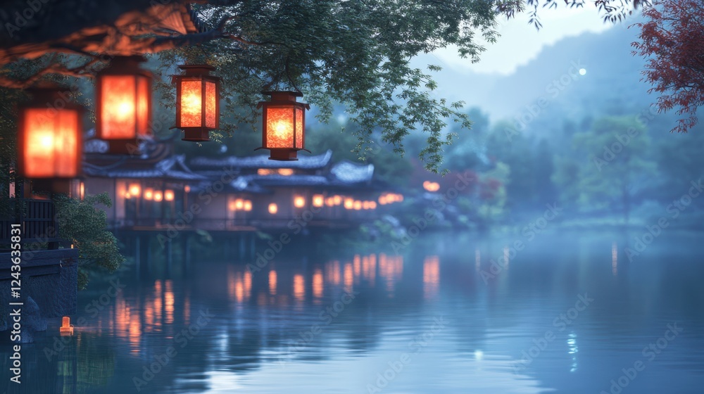 Poster tranquil lakeside view with glowing lanterns in a serene twilight landscape