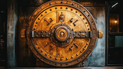 Fototapeta premium Massive antique vault door in urban industrial setting
