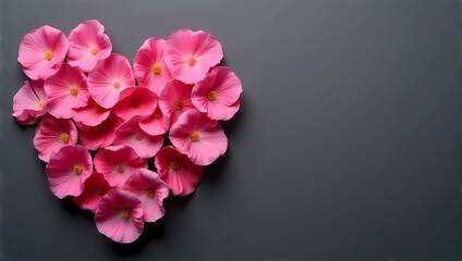 Obraz premium A heart shaped arrangement of pink flowers, copy space on right side for text, isolated on black background. Valentine's Day, Anniversary, Women's Day, Mother's Day celebration concept 