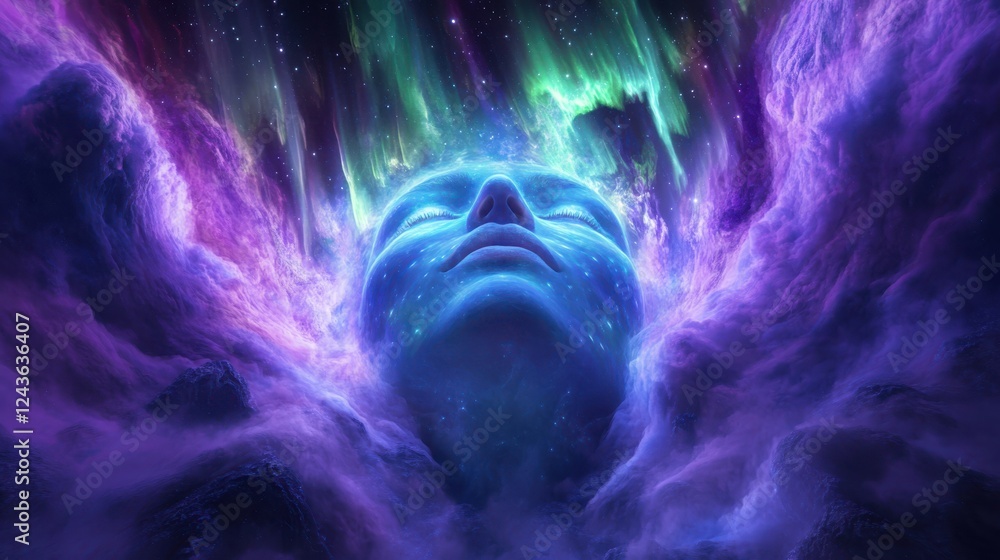Poster mystical visualization of a woman's face surrounded by ethereal colors and cosmic elements