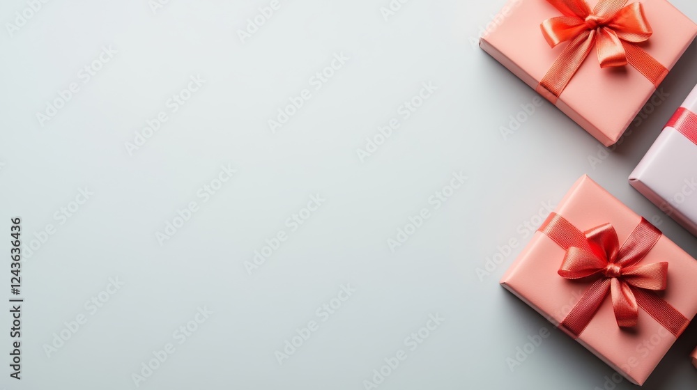 Poster a stack of pastel wrapped gift boxes with elegant ribbons sits on a clean white surface, creating a 