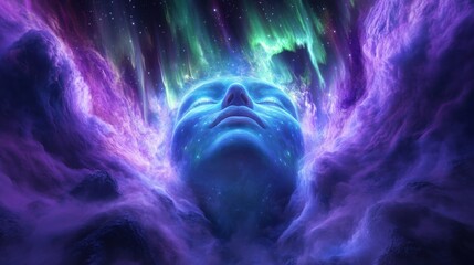 Mystical visualization of a woman's face surrounded by ethereal colors and cosmic elements