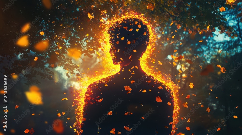 Poster mystical silhouette of a man surrounded by glowing autumn leaves in a serene forest setting at twili