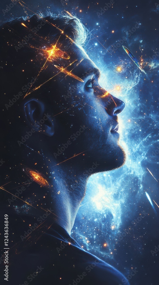 Fototapete mans profile filled with cosmic elements depicting a connection to the universe and inner thoughts