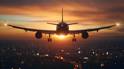 A majestic airplane flying towards the sunset, capturing the essence of travel and adventure in the sky.