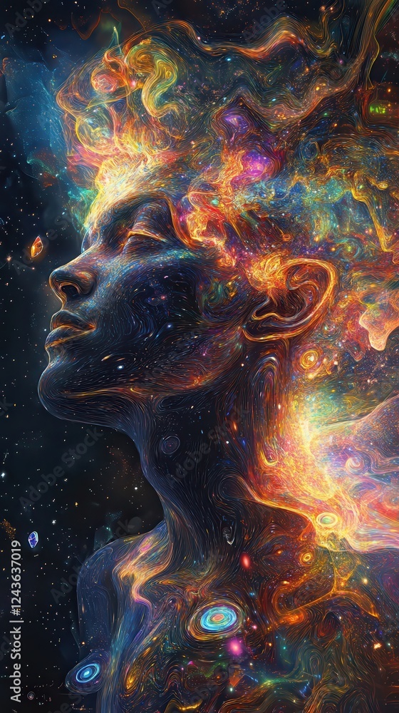 Poster mystical profile of a man filled with cosmic colors and celestial forms in an infinite space setting