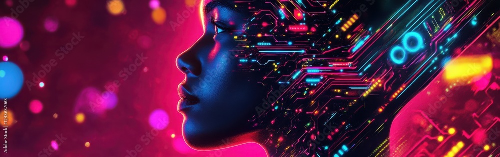 Leinwandbilder mystical profile of a man illuminated by vibrant colors and intricate digital patterns in a surreal 