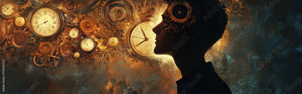 Aufkleber Mystical profile of a man filled with time and gears reflecting thoughts and imagination