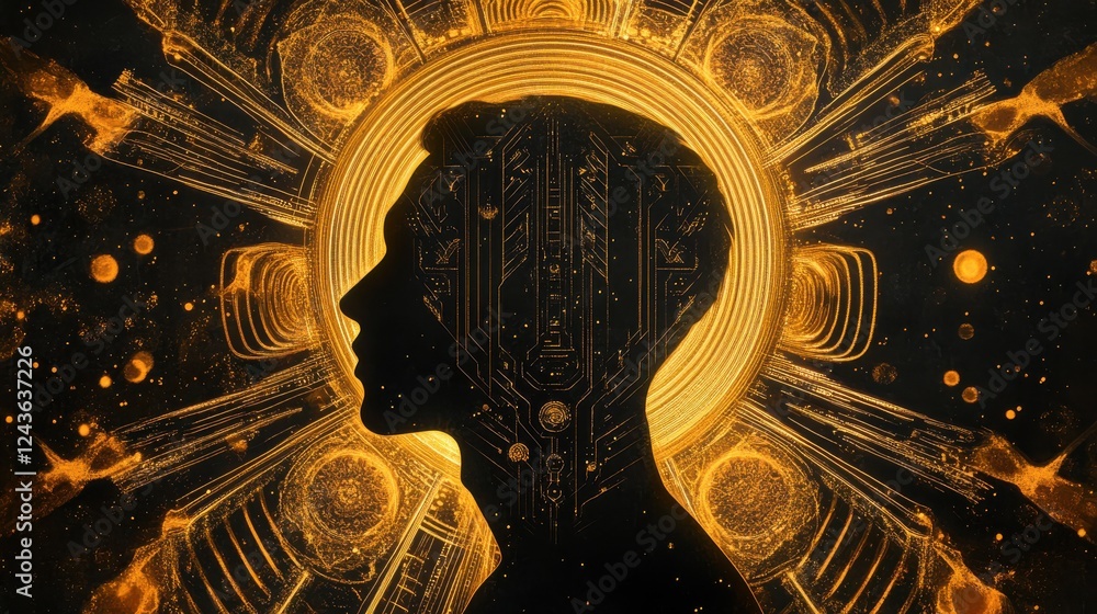 Fototapete mystical profile of a man filled with golden circuits and celestial patterns during a cosmic explora