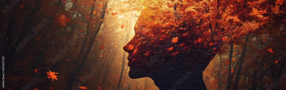 Poster mystical profile filled with autumn leaves in a dreamy forest setting during golden hour