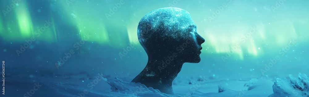 Poster Mystical profile of a man illuminated by northern lights within an ethereal landscape of swirling colors and snow