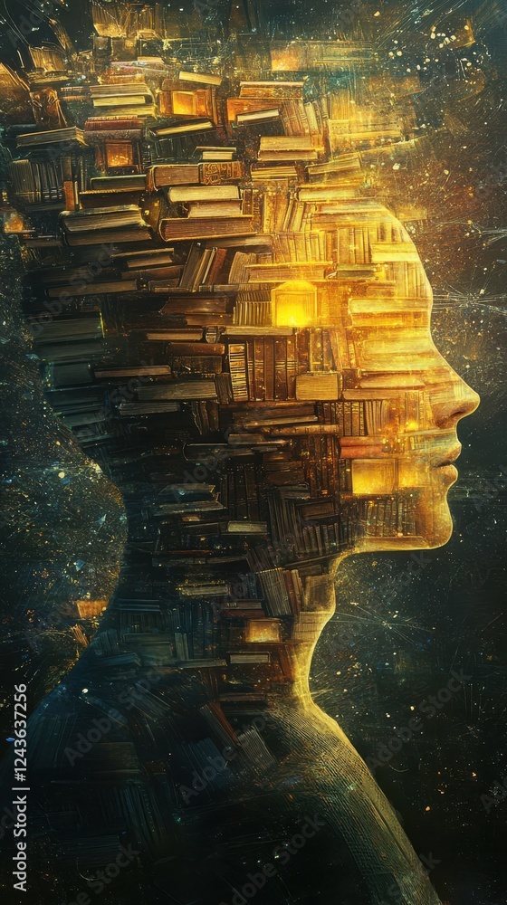 Poster mystical profile of a man filled with glowing books in a cosmic setting, symbolizing knowledge and w