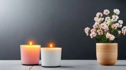 Scented Candles and Flowers - Two lit candles, one pink and one white, sit beside a pot of delicate pink and white flowers on a gray surface against a dark gray background.