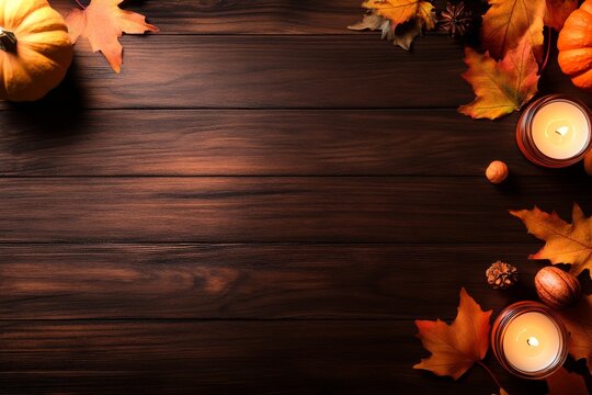 Set for Thanksgiving, the table showcases vibrant autumn leaves, small pumpkins, and glowing candles, creating a cozy and inviting holiday atmosphere - Powered by Adobe