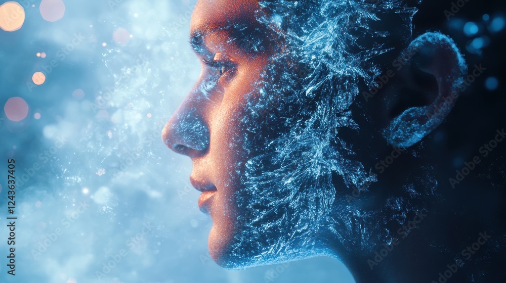 Fototapete mystical profile of a man intertwined with shimmering water elements in a surreal backdrop of light 